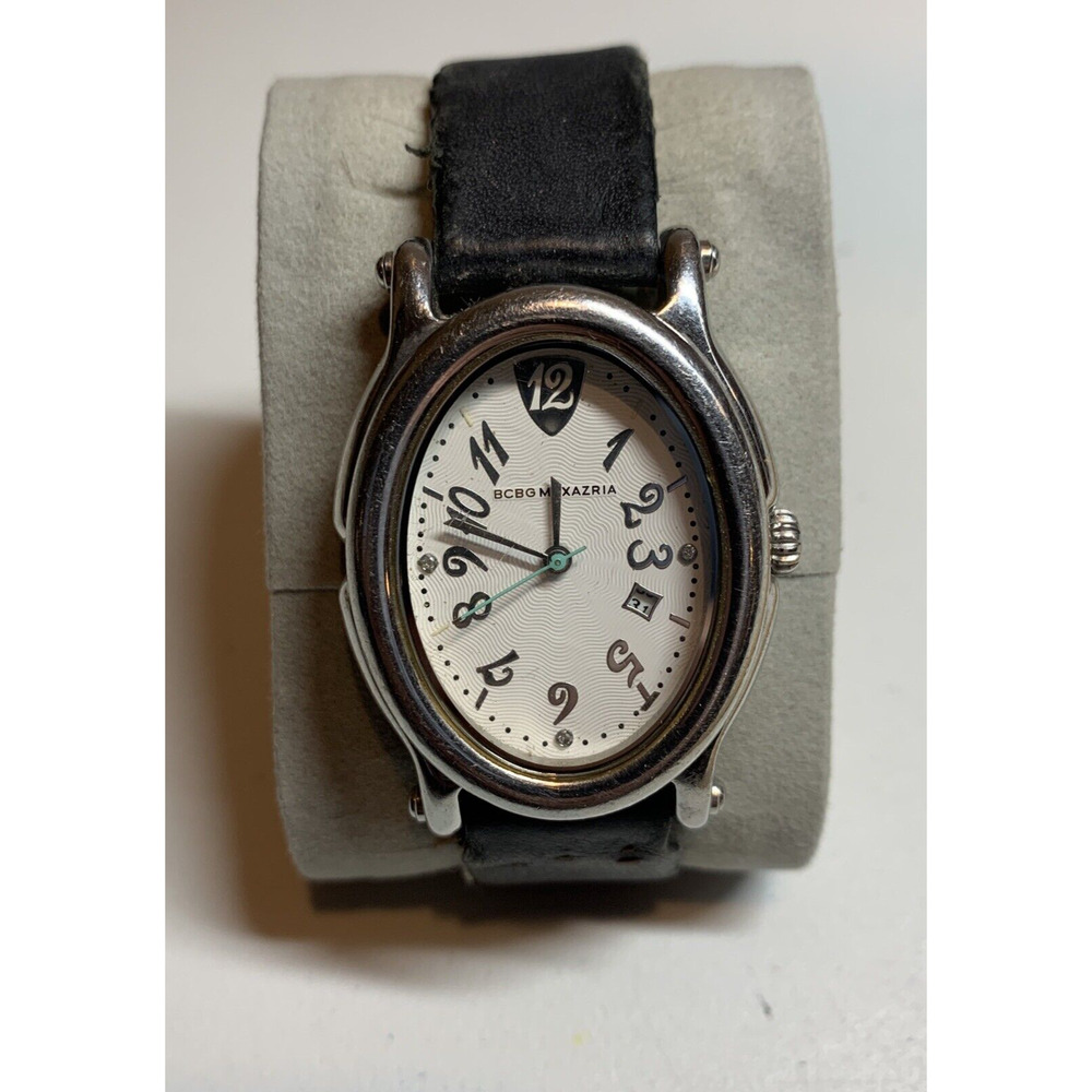 BCBG Maxazria Watch BG6049 Stainless Steel Case Black Leather Strap White Dial